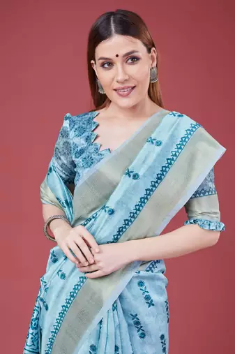 Blue Geometric And Floral Printed Silk Self Design With Golden Border Saree For Women With Blouse Piece