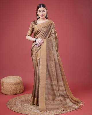 Brown Geometric Printed Silk Self Design With Golden Border Saree For Women With Blouse Piece 1