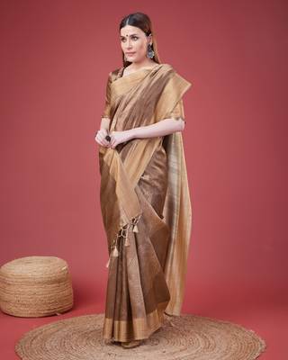Brown Geometric Printed Silk Self Design With Golden Border Saree For Women With Blouse Piece 2
