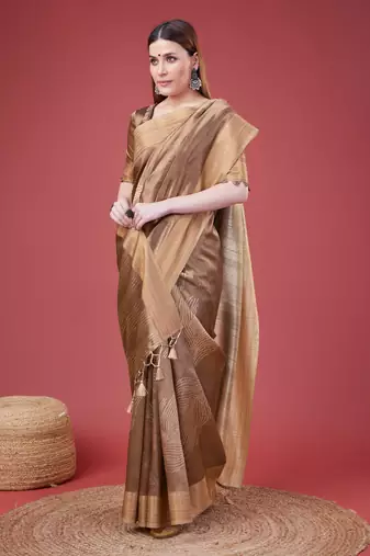 Brown Geometric Printed Silk Self Design With Golden Border Saree For Women With Blouse Piece