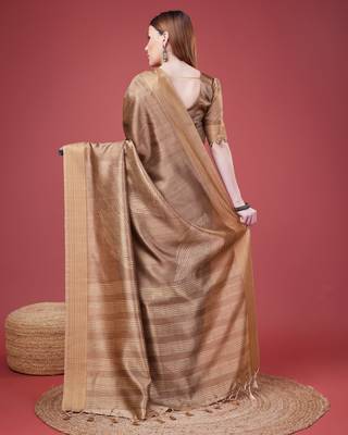 Brown Geometric Printed Silk Self Design With Golden Border Saree For Women With Blouse Piece 3