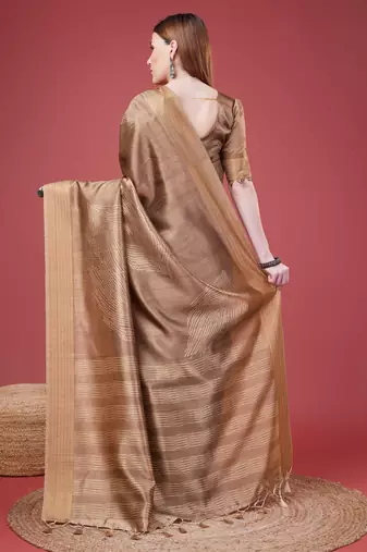 Brown Geometric Printed Silk Self Design With Golden Border Saree For Women With Blouse Piece