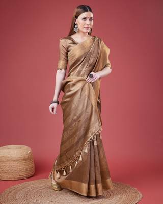 Brown Geometric Printed Silk Self Design With Golden Border Saree For Women With Blouse Piece 4
