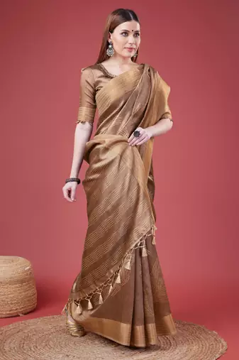 Brown Geometric Printed Silk Self Design With Golden Border Saree For Women With Blouse Piece