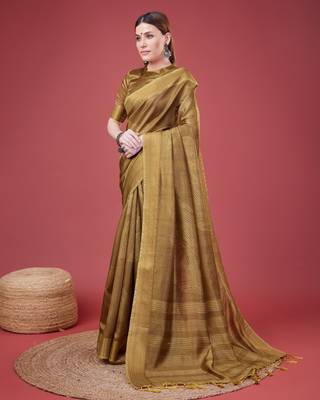 Golden Geometric Printed Silk Self Design With Golden Border Saree For Women With Blouse Piece 2