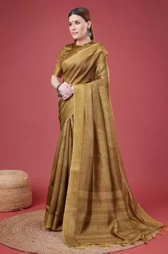 Golden Geometric Printed Silk Self Design With Golden Border Saree For Women With Blouse Piece