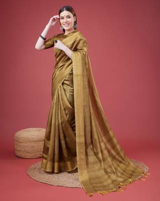Golden Geometric Printed Silk Self Design With Golden Border Saree For Women With Blouse Piece 4