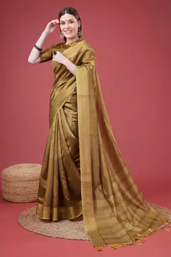 Golden Geometric Printed Silk Self Design With Golden Border Saree For Women With Blouse Piece