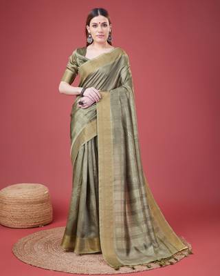 Mehendi Geometric Printed Silk Self Design With Golden Border Saree For Women With Blouse Piece 1