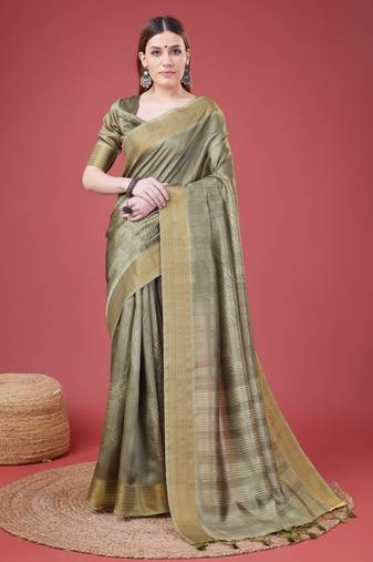 Mehendi Geometric Printed Silk Self Design With Golden Border Saree For Women With Blouse Piece