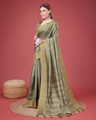 Mehendi Geometric Printed Silk Self Design With Golden Border Saree For Women With Blouse Piece 2