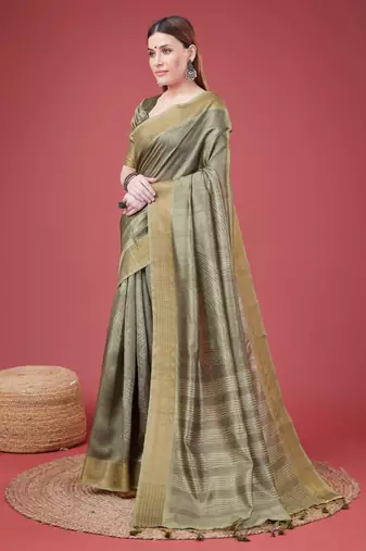 Mehendi Geometric Printed Silk Self Design With Golden Border Saree For Women With Blouse Piece