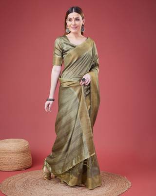Mehendi Geometric Printed Silk Self Design With Golden Border Saree For Women With Blouse Piece 3
