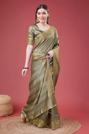 Mehendi Geometric Printed Silk Self Design With Golden Border Saree For Women With Blouse Piece