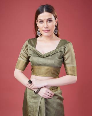 Mehendi Geometric Printed Silk Self Design With Golden Border Saree For Women With Blouse Piece 4