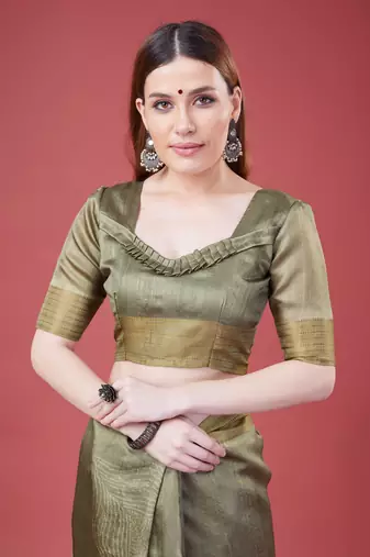 Mehendi Geometric Printed Silk Self Design With Golden Border Saree For Women With Blouse Piece