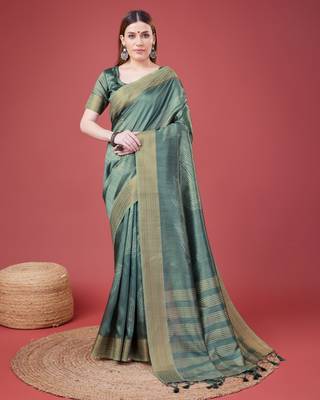 Teal Geometric Printed Silk Self Design With Golden Border Saree For Women With Blouse Piece 1