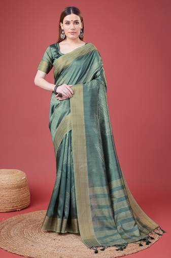 Teal Geometric Printed Silk Self Design With Golden Border Saree For Women With Blouse Piece