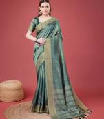 Teal Geometric Printed Silk Self Design With Golden Border Saree For Women With Blouse Piece