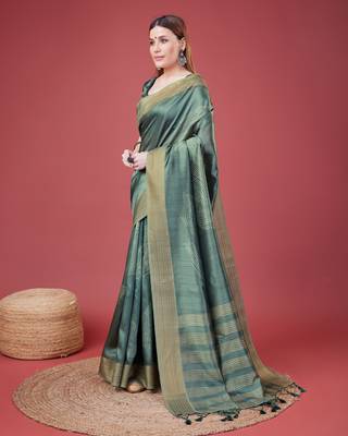 Teal Geometric Printed Silk Self Design With Golden Border Saree For Women With Blouse Piece 2