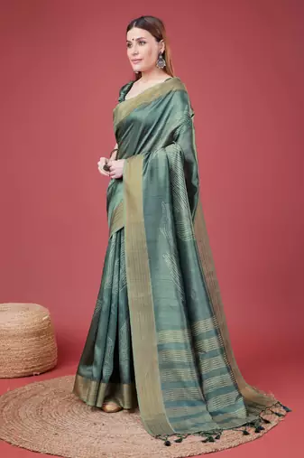 Teal Geometric Printed Silk Self Design With Golden Border Saree For Women With Blouse Piece