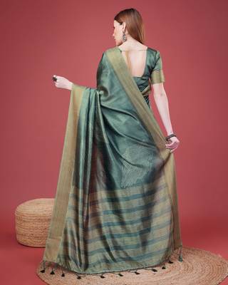 Teal Geometric Printed Silk Self Design With Golden Border Saree For Women With Blouse Piece 3