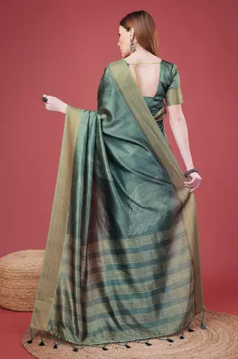 Teal Geometric Printed Silk Self Design With Golden Border Saree For Women With Blouse Piece