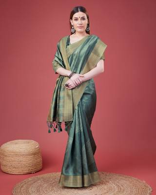 Teal Geometric Printed Silk Self Design With Golden Border Saree For Women With Blouse Piece 4