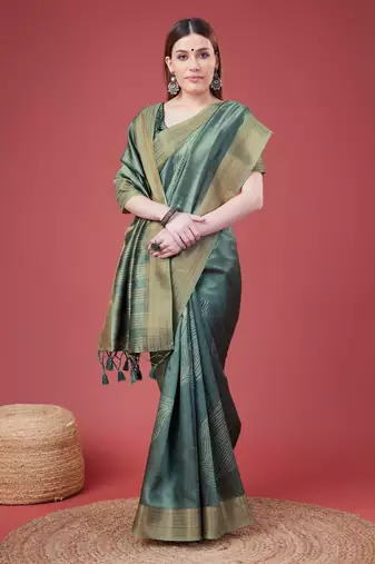 Teal Geometric Printed Silk Self Design With Golden Border Saree For Women With Blouse Piece