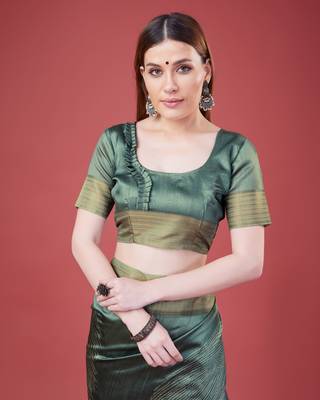 Teal Geometric Printed Silk Self Design With Golden Border Saree For Women With Blouse Piece 5