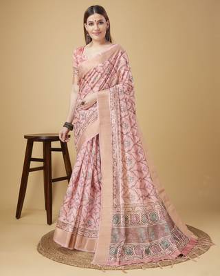 Pink Geometric And Floral Printed Silk Self Design With Golden Border Saree For Women With Blouse Piece 1