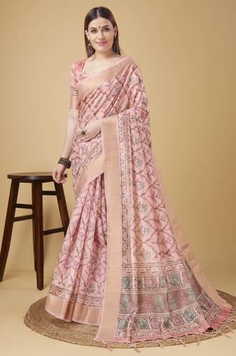 Pink Geometric And Floral Printed Silk Self Design With Golden Border Saree For Women With Blouse Piece