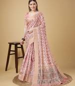 Pink Geometric And Floral Printed Silk Self Design With Golden Border Saree For Women With Blouse Piece