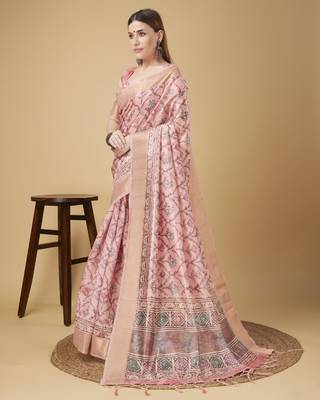 Pink Geometric And Floral Printed Silk Self Design With Golden Border Saree For Women With Blouse Piece 2