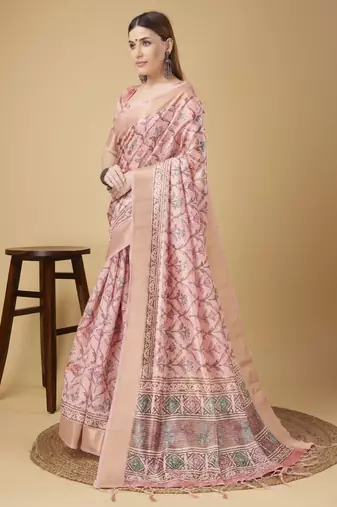 Pink Geometric And Floral Printed Silk Self Design With Golden Border Saree For Women With Blouse Piece