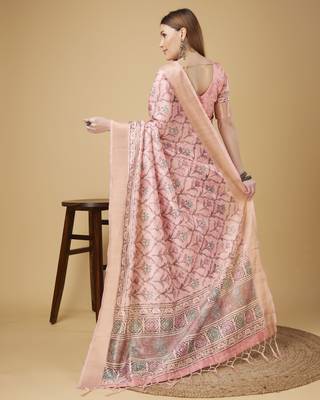 Pink Geometric And Floral Printed Silk Self Design With Golden Border Saree For Women With Blouse Piece 3