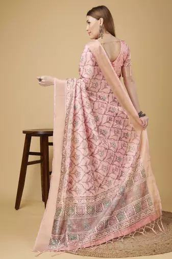 Pink Geometric And Floral Printed Silk Self Design With Golden Border Saree For Women With Blouse Piece