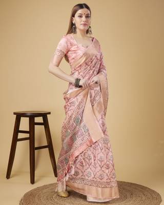 Pink Geometric And Floral Printed Silk Self Design With Golden Border Saree For Women With Blouse Piece 4