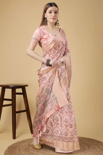 Pink Geometric And Floral Printed Silk Self Design With Golden Border Saree For Women With Blouse Piece