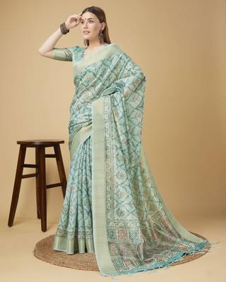 Blue Geometric And Floral Printed Silk Self Design With Golden Border Saree For Women With Blouse Piece 1