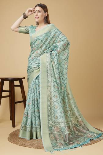 Blue Geometric And Floral Printed Silk Self Design With Golden Border Saree For Women With Blouse Piece