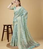 Blue Geometric And Floral Printed Silk Self Design With Golden Border Saree For Women With Blouse Piece
