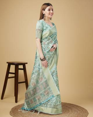 Blue Geometric And Floral Printed Silk Self Design With Golden Border Saree For Women With Blouse Piece 2