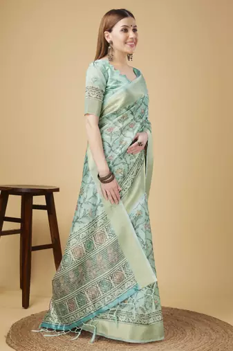 Blue Geometric And Floral Printed Silk Self Design With Golden Border Saree For Women With Blouse Piece