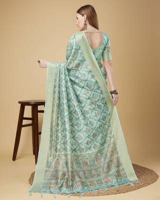 Blue Geometric And Floral Printed Silk Self Design With Golden Border Saree For Women With Blouse Piece 3