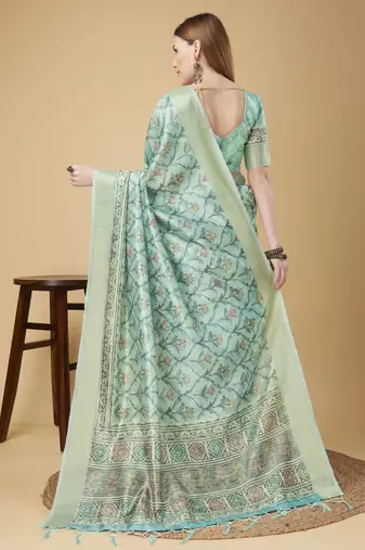 Blue Geometric And Floral Printed Silk Self Design With Golden Border Saree For Women With Blouse Piece