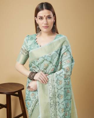 Blue Geometric And Floral Printed Silk Self Design With Golden Border Saree For Women With Blouse Piece 4