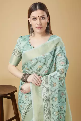 Blue Geometric And Floral Printed Silk Self Design With Golden Border Saree For Women With Blouse Piece