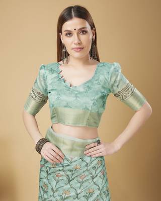 Blue Geometric And Floral Printed Silk Self Design With Golden Border Saree For Women With Blouse Piece 5