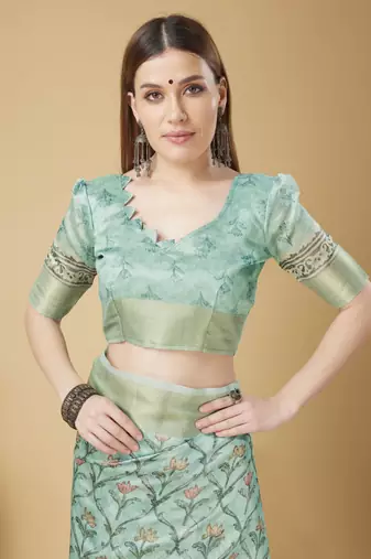 Blue Geometric And Floral Printed Silk Self Design With Golden Border Saree For Women With Blouse Piece